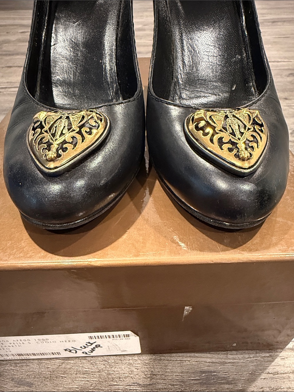 Vintage Gucci Babouska Heart Crest Black Leather Pumps Heels Italy Sz 39 Women’s - Picture 9 of 16